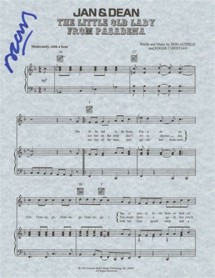 Dean Torrence SIGNED Little Old Lady From Pasadena sheet music 2 COA