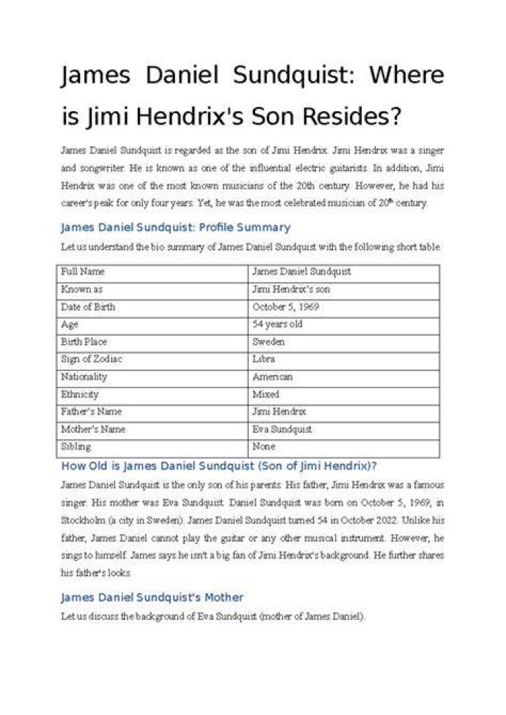 James Daniel Sundquist Where is Jimi Hendrix's son now? Dicy Trends